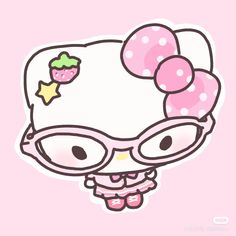 an image of a hello kitty with glasses and a bow on her head in pink