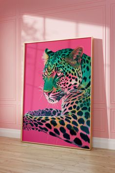 a painting of a leopard on a pink wall