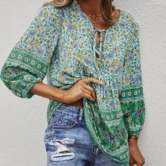 Traditional Print Front Strip Tie Blouse – My Comfy Blouse Flowy V-neck Blouse With Floral Print, Trendy V-neck Floral Print Blouse, Fall Bohemian V-neck Blouse, Casual Long Sleeve V-neck Top For Summer, Casual Flowy V-neck Peasant Top, Trendy Long Sleeve V-neck Top For Summer, Bohemian V-neck Blouse For Day Out, Casual Tie Neck Top For Vacation, Non-stretch Long Sleeve Blouse For Day Out