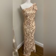 Nwt & Absolutely Stunning! Beige Gown For Spring Party, Spring Party Beige Gown, Champagne Spring Gala Dress, Champagne Evening Dress For Spring, Champagne Maxi Dress For Spring, Fitted Champagne Maxi Dress For Spring, Ruffle Neck Dress, Taupe Dress, Black Lace Cocktail Dress