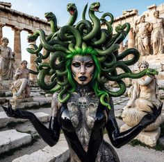 a woman with green hair and snakes on her head standing in front of some statues