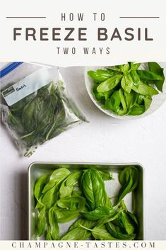 fresh basil leaves in a bowl next to two bags of basil