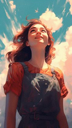 a painting of a woman looking up into the sky with clouds in the back ground