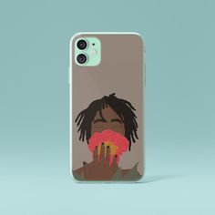 a phone case with a drawing of a man eating a donut on his face