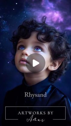 a little boy with blue eyes looking up at the sky and stars in the background