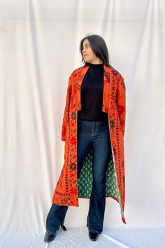 Repurposed from tribal hand embroidered textiles Long Outerwear With Chikankari Embroidery, Festive Long Outerwear With Chikankari Embroidery, Long Winter Outerwear With Chikankari Embroidery, Festive Long Outerwear For Fall, Fitted Bohemian Kurta For Fall, Bohemian Long Outerwear With Chikankari Embroidery, Bohemian Long Sleeve Kimono With Chikankari Embroidery, Fitted Bohemian Outerwear For Festive Occasions, Long Bohemian Kimono With Ikat Print