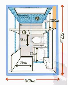 a bathroom with measurements for the shower and toilet area, including heights to fit in