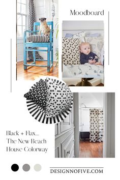 a collage of photos with black and white accents, including a baby's room