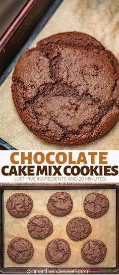 chocolate cake mix cookies on a baking sheet with the recipe title above it and below