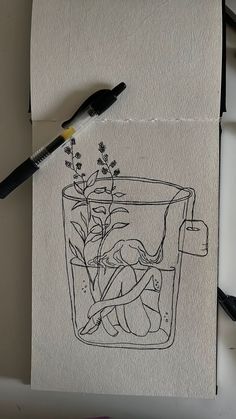 an ink drawing of a glass filled with water and flowers on top of a piece of paper