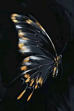 a painting of a butterfly with yellow and black stripes on it's wings, flying in the air