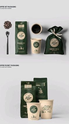 coffee packaging mockups are shown in three different styles, including green and white bags