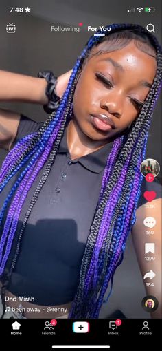 Peak A Boo Hair Color Black Women Braids, Blue And Purple Knotless Braids, Teal Peekaboo Braids, Blue And Purple Box Braids, Purple Braids Hairstyles, Black Girls Hairstyles Braids With Color, Purple And Blue Braids, Blue And Purple Braids, Brown And Blue Braids