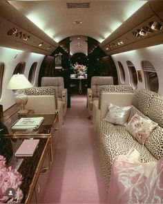 the inside of an airplane with leopard print couches and tables in front of it