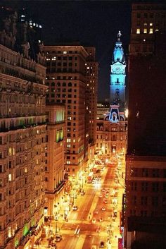 an aerial view of a city street at night