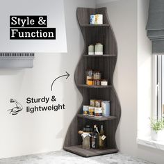 a corner shelf with spices and condiments on it in the corner of a room