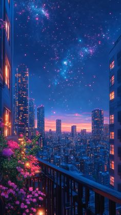 the city skyline is lit up at night with stars in the sky and pink flowers