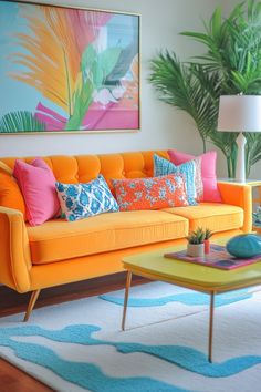 a living room with an orange couch and colorful pillows on the sofa, coffee table