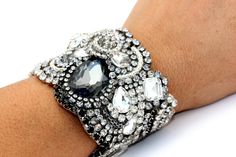 Black Crystal Cuff With Adjustable Clasp Ready to by Couturelove Elegant Evening Cuff Bracelets, Luxury Cuff Bracelets For Party, Elegant Cuff Bracelets For Party, Luxury Cuff Bracelet For Parties, Luxury Cuff Bangle Bracelet For Party, Elegant Jeweled Cuff Bracelet For Party, Glamorous Wedding Cuff Bangle Bracelet, Luxury Black Bracelets For Wedding, Elegant Formal Jeweled Cuff Bracelet