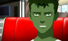 an animated image of a man with green eyes on a red seat in a train