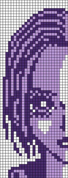 a cross stitch pattern with a man's face in purple and white, as well as text