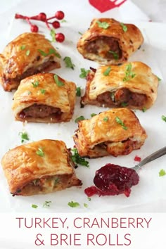 turkey, cranberry and brie rolls on a white plate