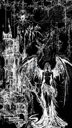 a black and white drawing of an angel standing in front of a castle