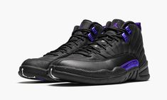 The Air Jordan 12 “Dark Concord” is a colorway from Jordan Brand’s Holiday 2020 release cycle that calls to mind classic player exclusive colorways from the 2000s.  Although not officially associated with any player or team, the “Dark Concord” Jordan 12 looks as if it could have been worn by Mike Bibby with the Sacramento Kings or even Kobe Bryant back in the day.  The upper features a black nubuck construction with faux lizard leather print on the forefoot and mudguard.  Dark Concord accented e Jordan Retro 12, Air Jordan 12, Air Jordan 12 Retro, Jordan 12 Retro, Jordan 12, Jordans 12, Retro Men, Mens Nike Air, Jordan Retro