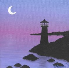 a painting of a lighthouse at night with the moon in the sky and water below