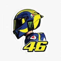 a sticker with the number 46 monster on it's face, in blue and yellow