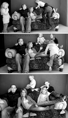 the family is sitting together on the couch in their living room and posing for pictures