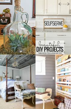 the inside of a house with plants and other things in it, including a glass bottle