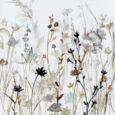 a painting of flowers and grass on a white background