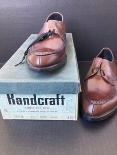 "1960s Leather Shoes / Loafers / 60s NOS Brown Slip On Shoes Unworn / Men's 7 / In Original Box For the distinguished gentleman, a pair of deadstock 1960's Randcraft (International Shoe Company) hand sewn leather slip on shoes in the original box. Features: * Leather uppers in brown grain. * Loafer style shoe. * Slip On * Rubber heel and soles. * Circa 1960s. Measurements: Best fit would be a men's 7 Outside heel to toe- 11 1/4\" Width at ball of feet- 4\" Width at heel of feet- 2.75\" These sho Brown Slip On Shoes, Hand Sewn Leather, Leather Oxford Shoes, Leather Slip On Shoes, Loafers Style, Shoe Company, Mens Oxfords, Childrens Shoes, Rubber Heels