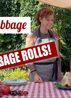 a woman standing in front of a table with food on it and the words garbage bag rolls