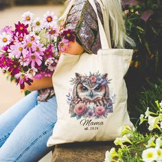 This Personalized Natural Cotton Canvas Tote Bag makes a great Gift for Mother's day, Bridal Shower, Bridal party, or a Group Gift for vacations and more! Features:  ✔ Size: Width 15", Length 16", 20" Handle   ✔  Material: Made from 100% cotton canvas, this bag is designed to withstand everyday use. The heavy fabric (12 oz/yd² or 406.9 g/m²) ensures durability while offering a natural color background that beautifully showcases the vibrant designs printed on it.  ✔ Personalization Option: Elevat Personalized Bags For Mother's Day, Personalized Canvas Bag For Mother's Day, Mother's Day Gift Canvas Tote Bag, Mother's Day Tote Bag, Owl Tote Bag, Library Bag, Group Gifts, Gift For Grandma, Numbers Font