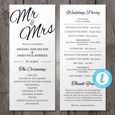 wedding program bookmarks with the word mr and mrs written on them, in black ink