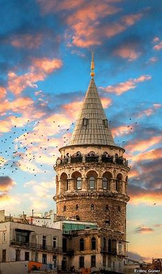 birds flying around an old building in the sky at sunset or dawn with colorful clouds