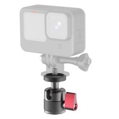 the gopro camera is mounted on top of a tripod with a red handle