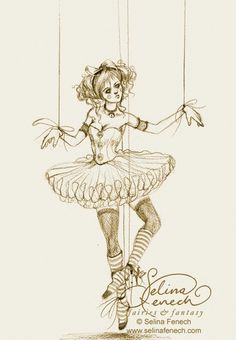 a drawing of a girl on a swing with her hands in the air and holding onto strings