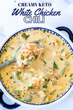 creamy keto white chicken chili in a blue and white bowl