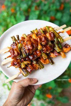 skewered chicken and asparagus on a white plate