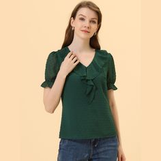 Chic and vintage, this sweet top is a good option for your wardrobe this season. Women's chiffon top with see-through polka-dot sleeves is great for spring, summer, fall, daily casual, date, party, beach, vacation, or home. Simply add casual trousers, jeans, and sandals for a smart-casual finish. This pretty v-neck blouse from Allegra K is a perfect choice for work, office, and daily wear. The elegant and high-end outfits make the temperament more sublime. Green Chiffon Blouse For Work, Green Chiffon Tops For Work, Green Chiffon Tops For Workwear, Green V-neck Chiffon Top, Green Chiffon V-neck Top, Spring Swiss Dot Tops For Work, Spring Swiss Dot Tops For Workwear, Swiss Dot Tops For Workwear In Spring, Sweet Top