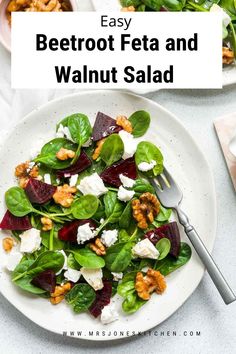 two plates filled with spinach, beets and walnuts next to a bowl of feta cheese