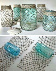 some glass jars with netted lids and one has a blue bottle in the middle