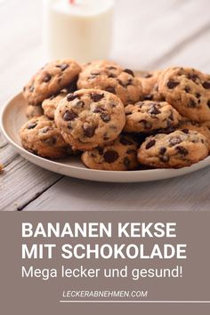 chocolate chip cookies on a plate with milk in the background