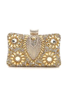 Possessing a handbag like this is a true testament to your exquisite taste and love for luxury. This dazzling clutch is designed to be the centerpiece of any glamorous ensemble. Its surface is encrusted with meticulously placed crystals and gems, creating a radiant, eye-catching effect that sparkles with every movement. The intricate floral patterns made from golden stones add a layer of sophistication and timeless elegance. The top clasp is equally adorned, ensuring that every detail of this ha Handheld Crystal Clutch For Events, Crystal Embellished Evening Clutch, Crystal Clutch Bag For Events, Embellished Crystal Clutch For Evening, Crystal Clutch For Events, Embellished Crystal Evening Clutch, Glamorous Crystal Clutch For Events, Glamorous Crystal Rectangular Evening Bag, Crystal Clutch Evening Bag