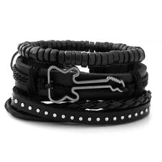 Music is your life and this multilayer guitar bracelet set complements your love for music. The multiple layers give it a very unique look. The all black bracelets are versatile and can be worn with any of your outfits. You can wear the bracelets together as a set or each one separately to create a different everyday. Every set is handmade with care. Product Information Set comes with 3 bracelets Material: faux leather Chain Type: rope chain Metals Type: alloy Clasp Type: lace-up Length: about 6 Cheap Adjustable Punk Bracelets, Black Rock Style Wristband As Gift, Bohemian Black Wrap Bracelet For Festival, Black Bohemian Wrap Bracelet For Festival, Black Band Wristband For Concerts, Trendy Black Metal Wristband, Black Rock Style Bracelet For Gift, Edgy Black Band Bracelets, Edgy Black Wristband For Concerts