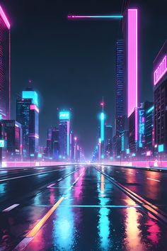 an empty city street at night with neon colored lights and tall buildings in the background