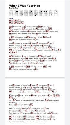 the guitar tab is shown in red and white, with words that read when i was your man